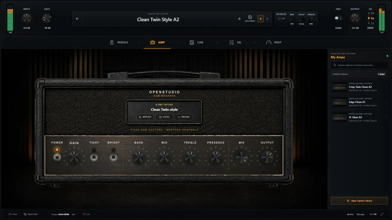 OpenStudio NAM Rack redesigned amp view with an A2 capture and installed capture library