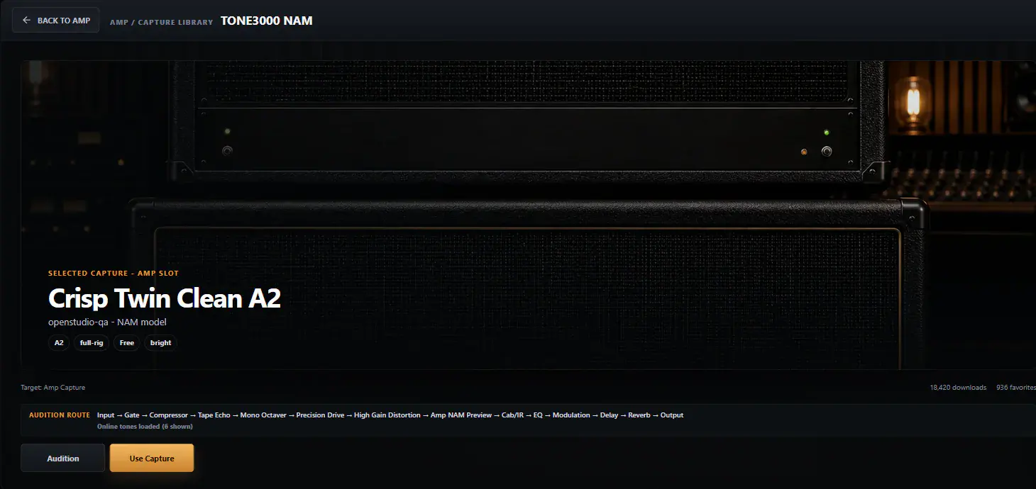 OpenStudio TONE3000 review interface showing an A2 capture audition route.